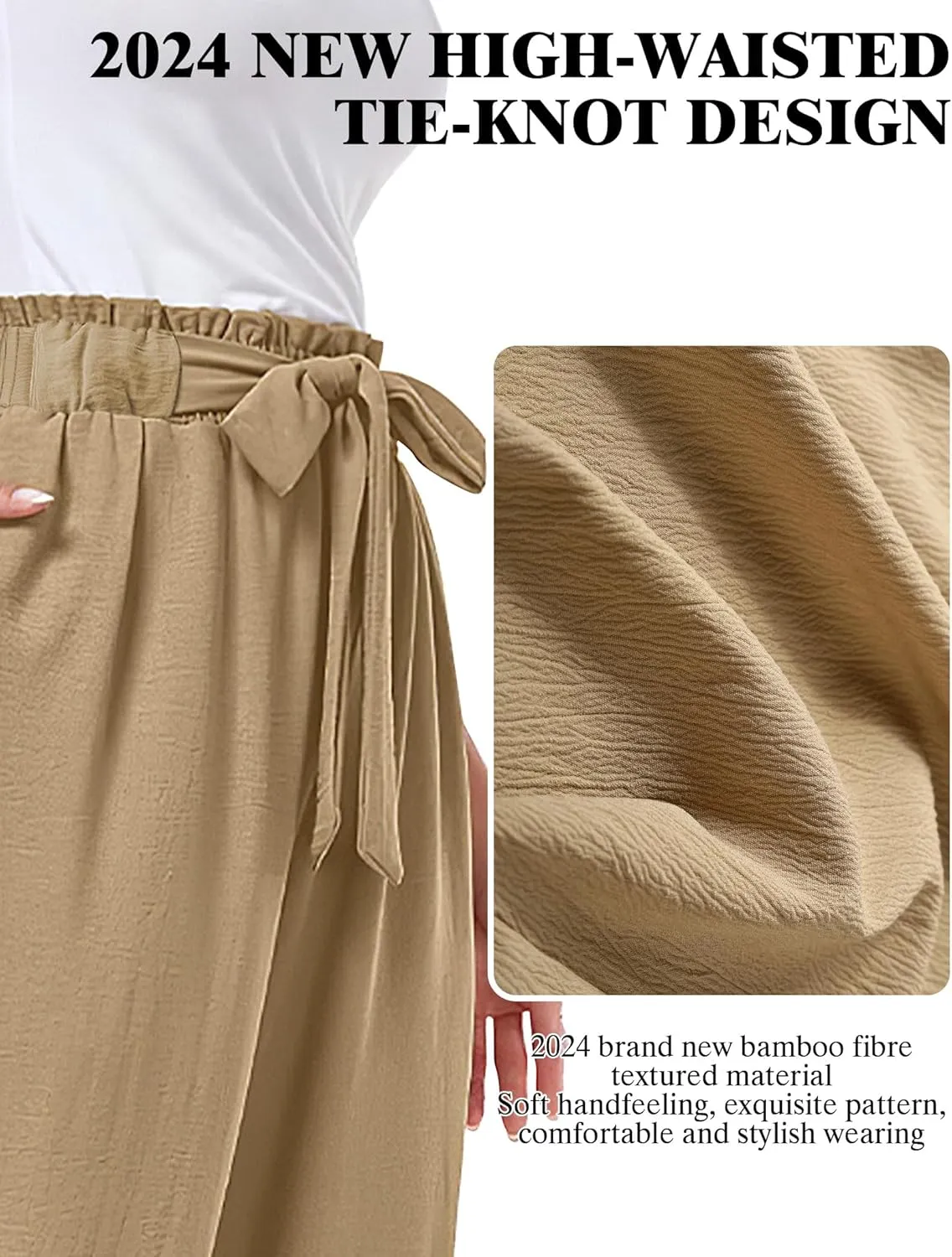 Buauty Wide Leg Palazzo Pants Woman with Pockets High Waist Pant Adjustable Knot Loose Trousers Business Casual Work Pants