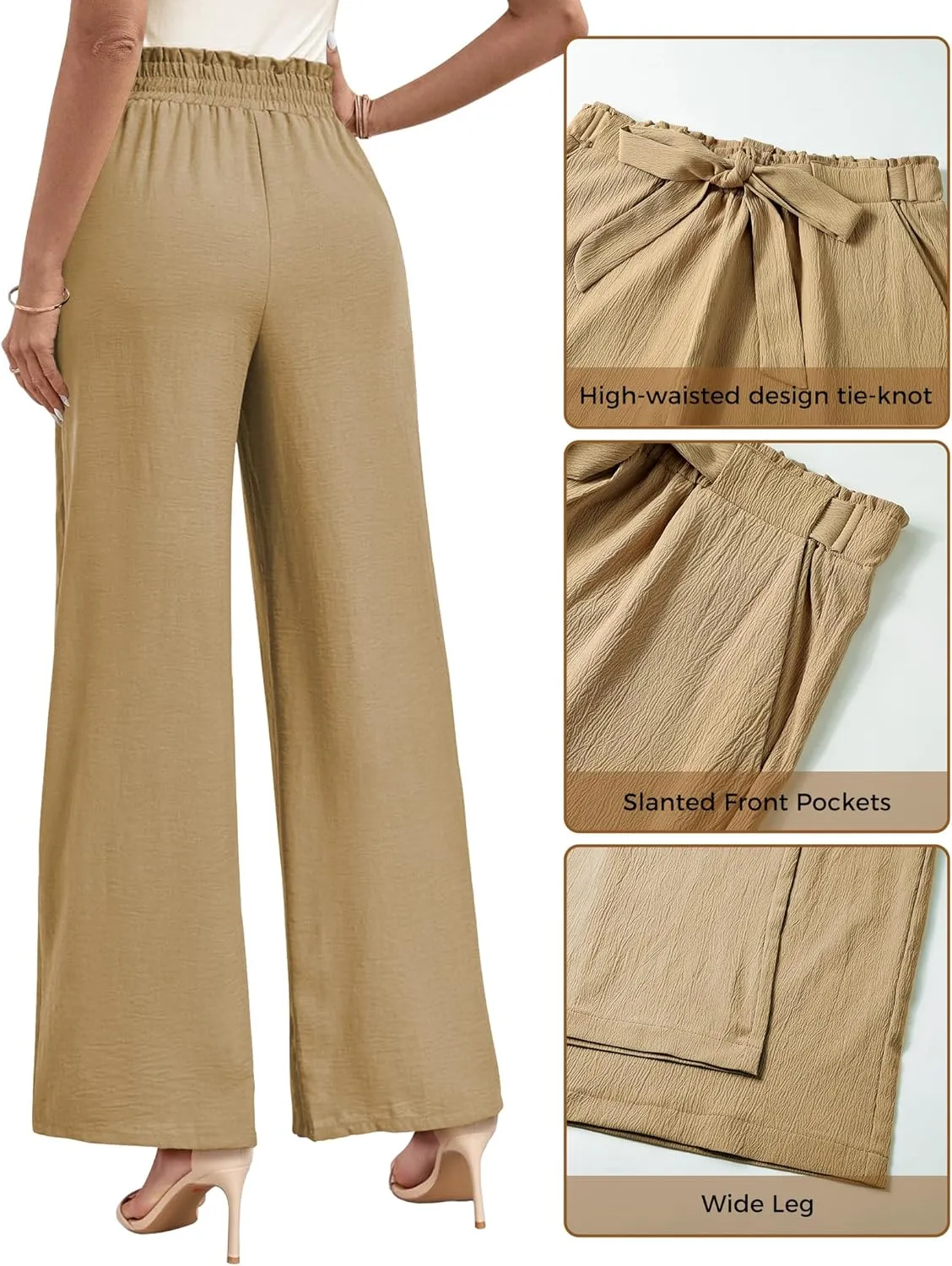 Buauty Wide Leg Palazzo Pants Woman with Pockets High Waist Pant Adjustable Knot Loose Trousers Business Casual Work Pants