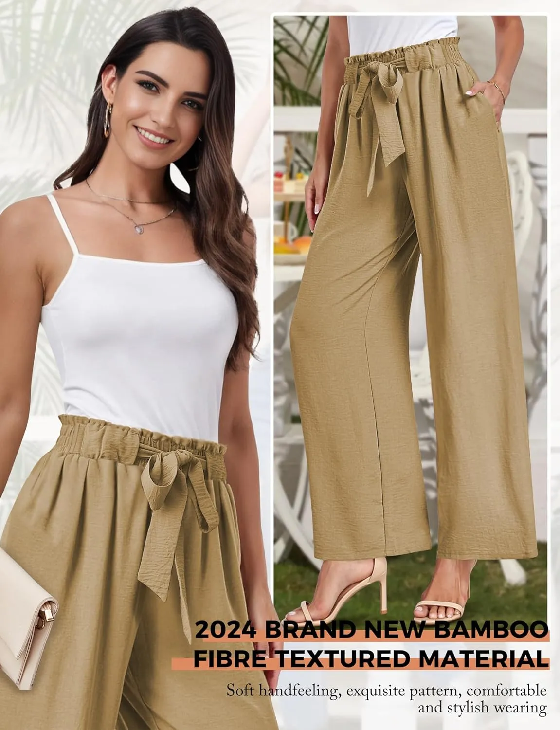 Buauty Wide Leg Palazzo Pants Woman with Pockets High Waist Pant Adjustable Knot Loose Trousers Business Casual Work Pants