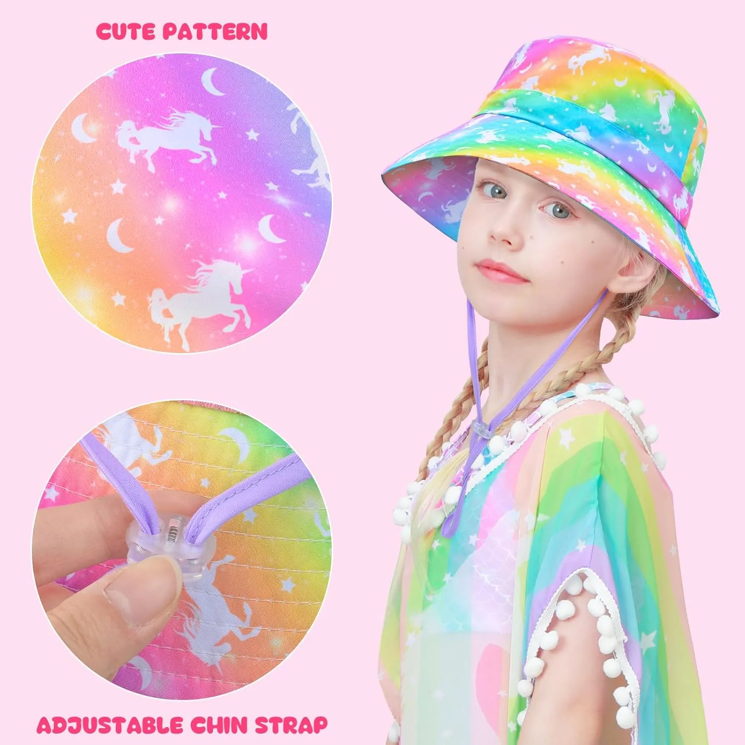 Bucket Hat for Kids Anti-UV Toddler Girls Sun Hats Wide Brim UPF 50  Sun Protection Beach Hat for 2-9 Years