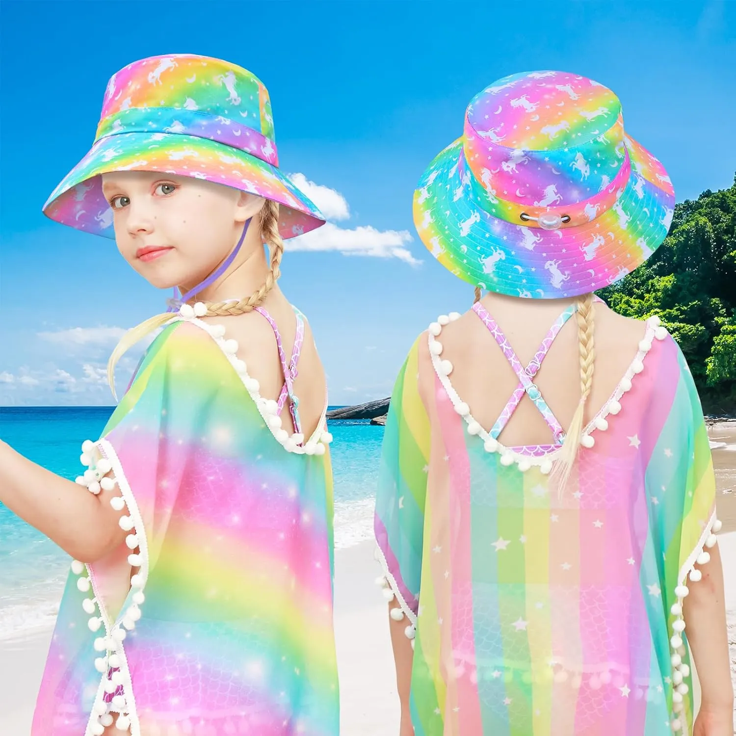 Bucket Hat for Kids Anti-UV Toddler Girls Sun Hats Wide Brim UPF 50  Sun Protection Beach Hat for 2-9 Years
