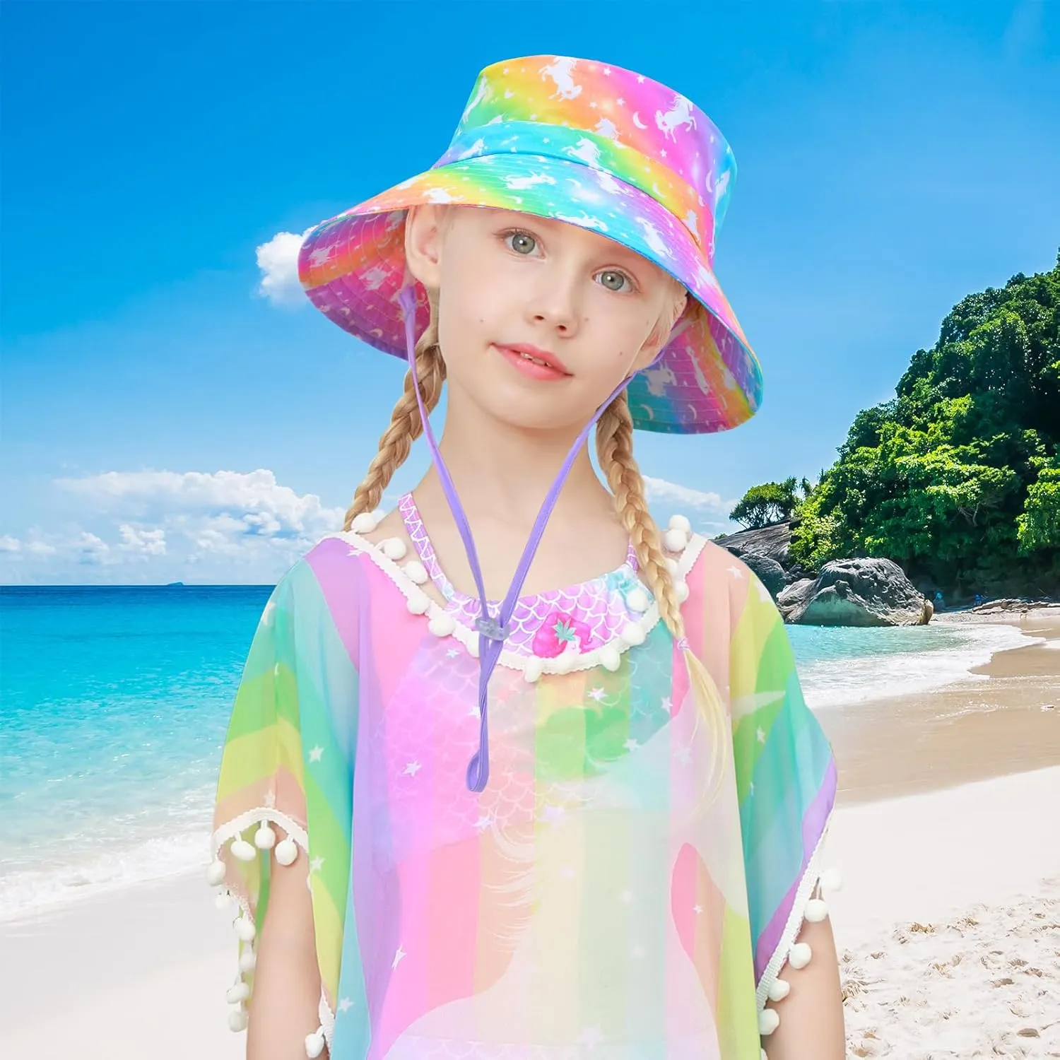 Bucket Hat for Kids Anti-UV Toddler Girls Sun Hats Wide Brim UPF 50  Sun Protection Beach Hat for 2-9 Years
