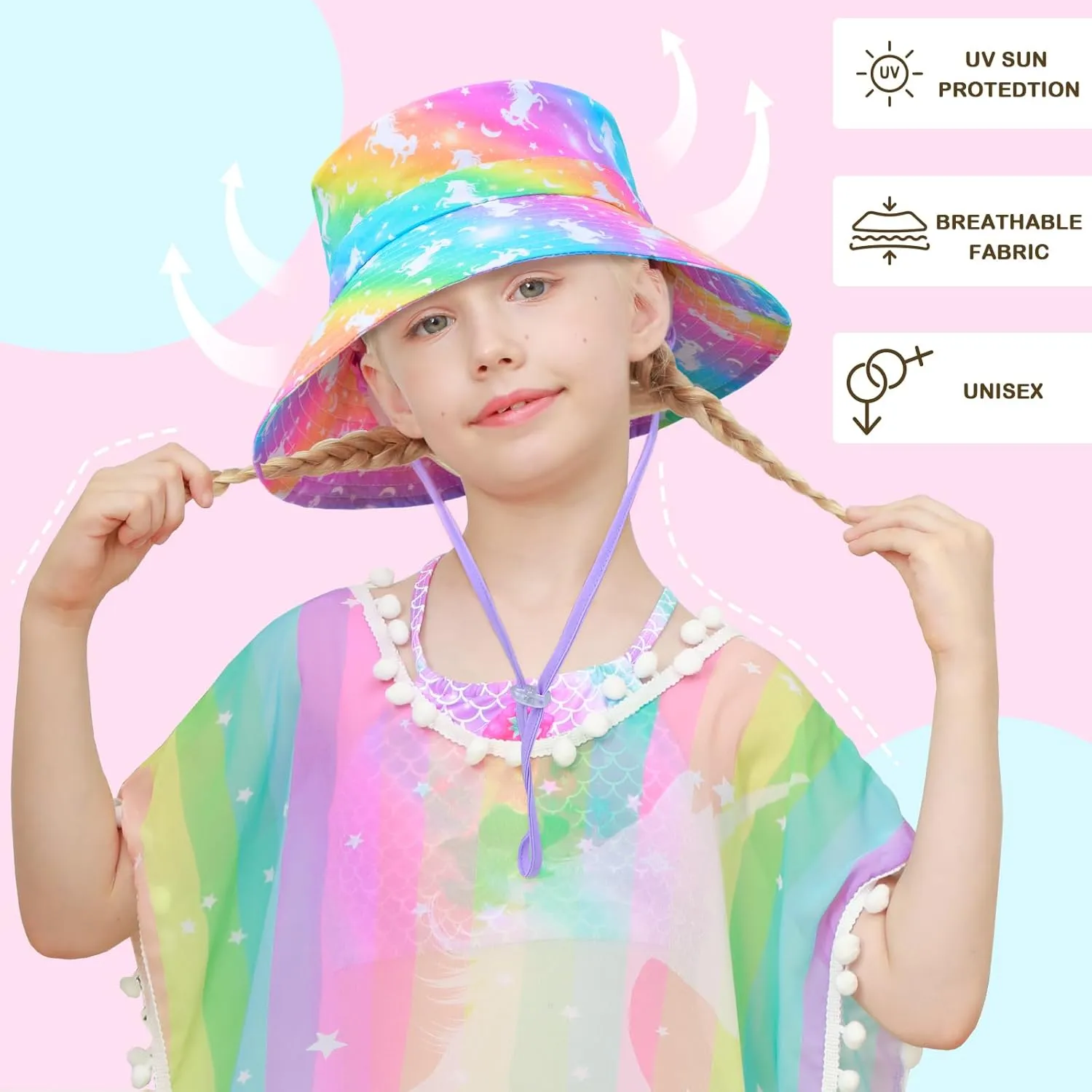 Bucket Hat for Kids Anti-UV Toddler Girls Sun Hats Wide Brim UPF 50  Sun Protection Beach Hat for 2-9 Years