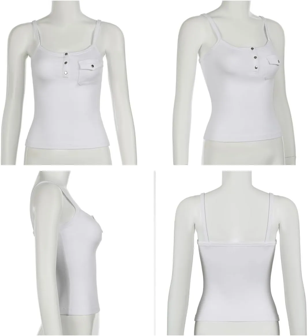 Camisole Tops for Women Tank White Cami Basic Solid Top Button Up Tank Top with Pocket White Tank Top