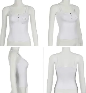 Camisole Tops for Women Tank White Cami Basic Solid Top Button Up Tank Top with Pocket White Tank Top