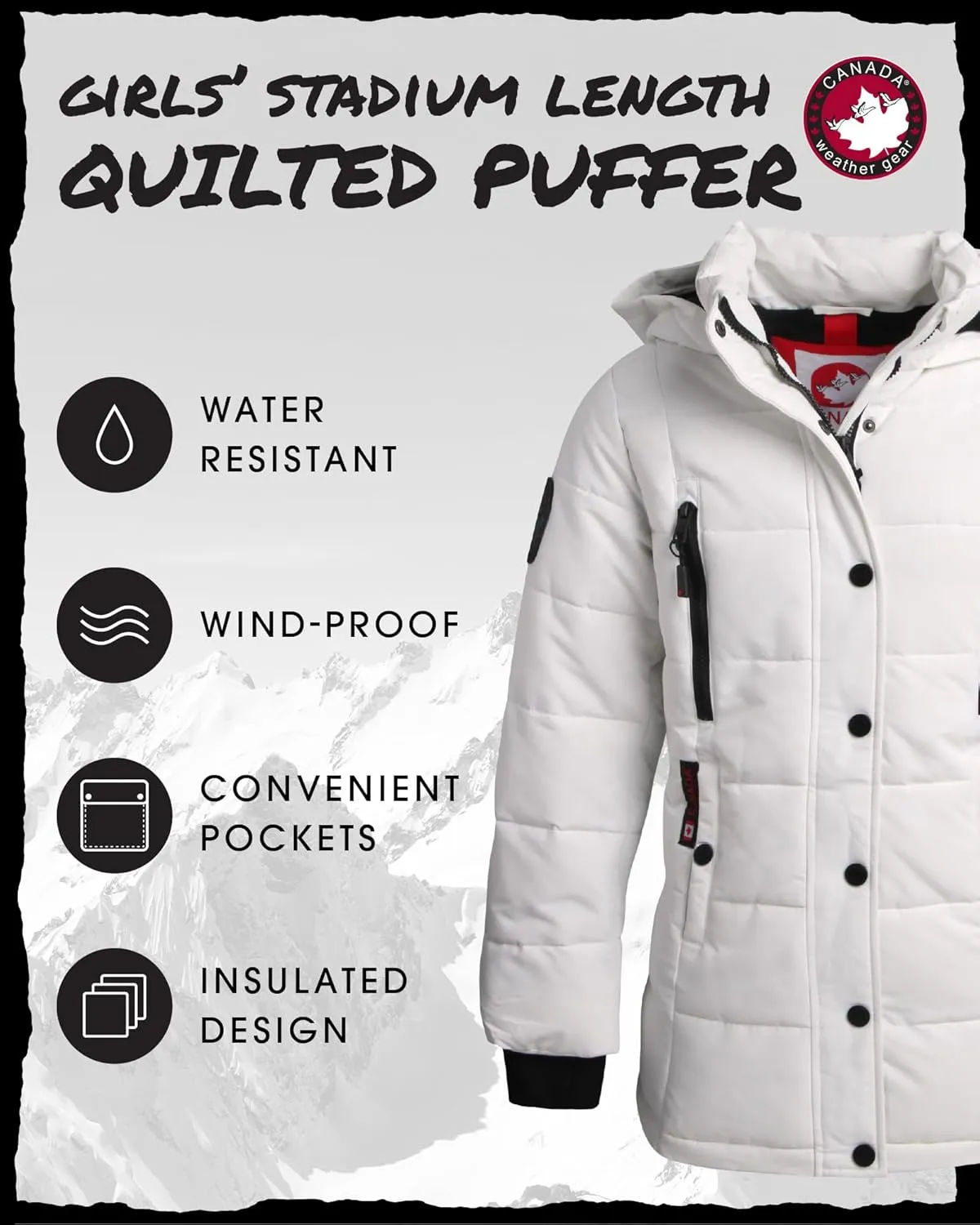 CANADA WEATHER GEAR Girls Winter Coat  Stadium Length Quilted Puffer Parka Jacket (7-16)