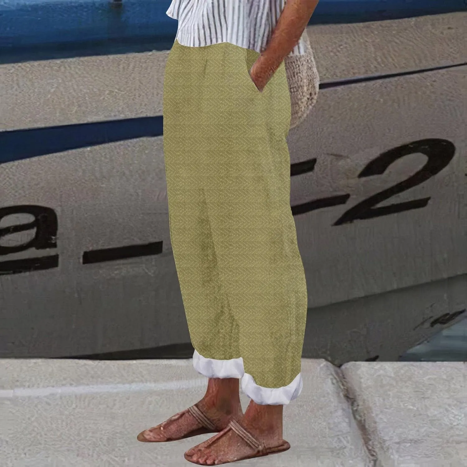 Capri Pants for Women Cotton Linen Elastic High Waisted Straight Leg Lounge Pants Casual Loose Summer Trousers