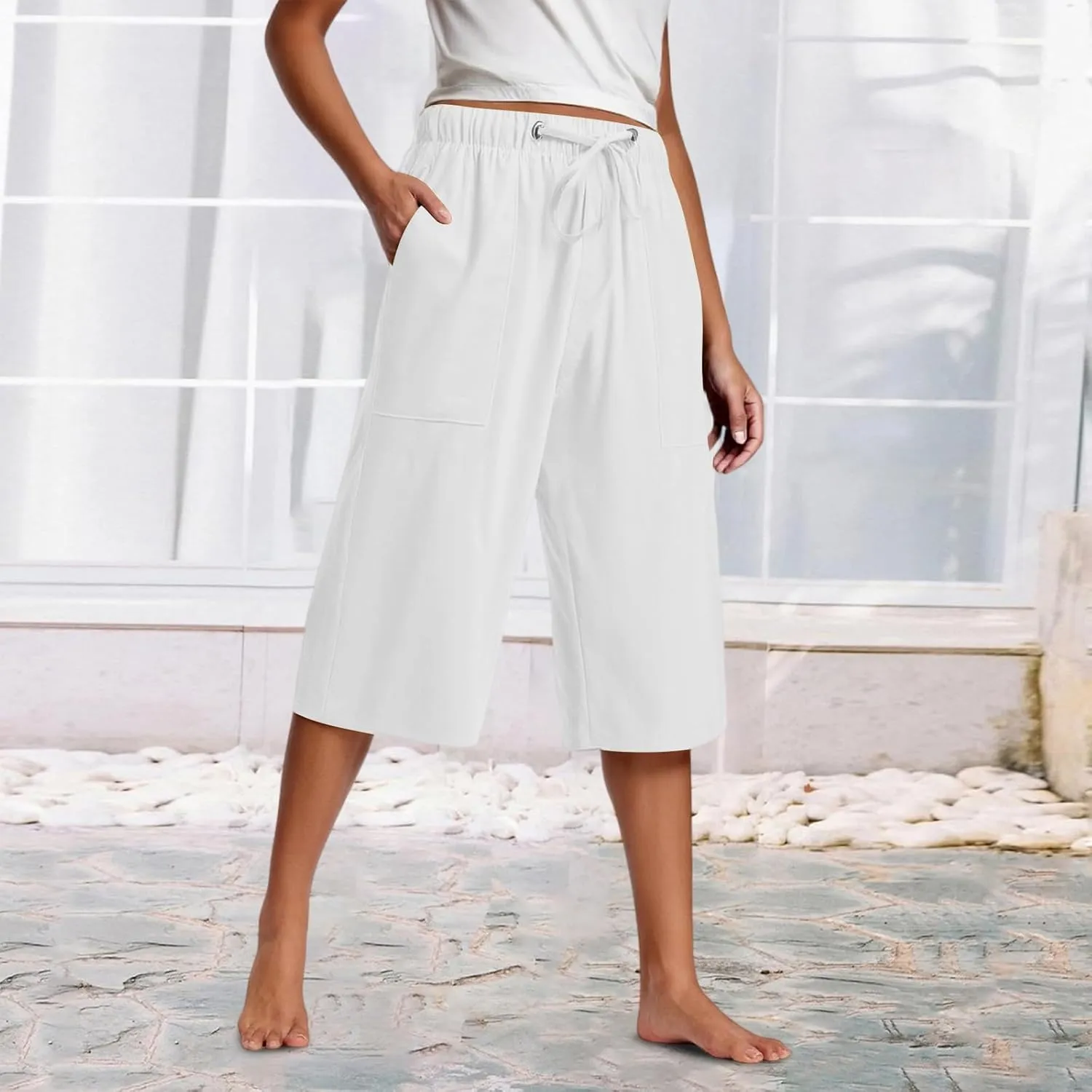 Capri Pants for Women High Waisted Drawstring Linen Pants Summer Capris Wide Leg Pant Casual Palazzo Pant