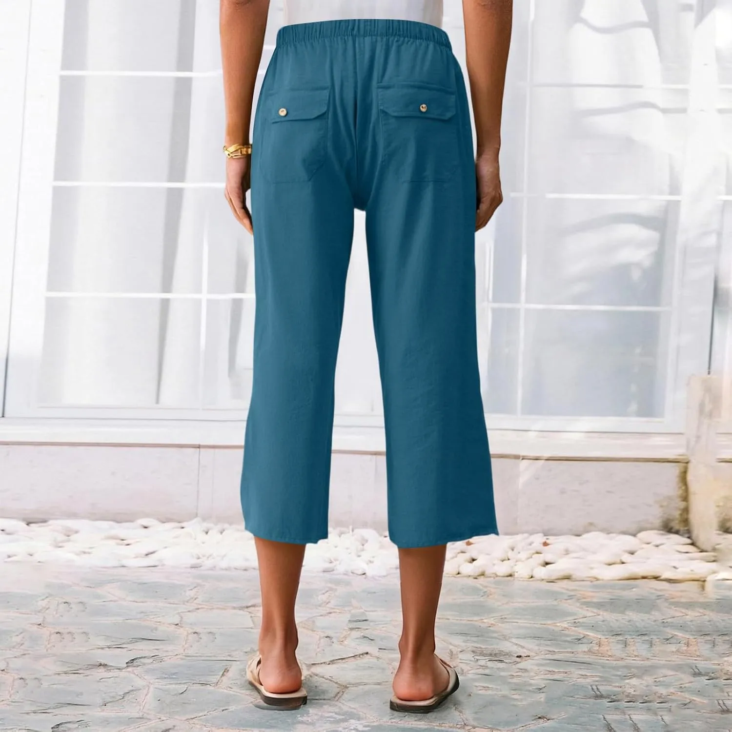 Capri Pants for Women High Waisted Drawstring Linen Pants Summer Capris Wide Leg Pant Casual Palazzo Pant