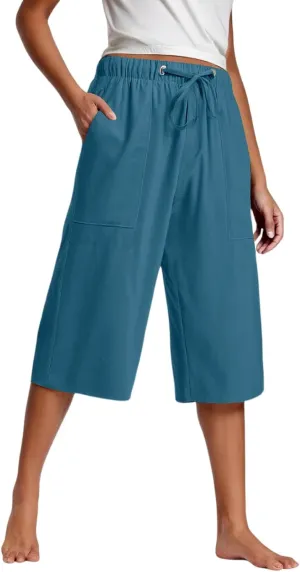 Capri Pants for Women High Waisted Drawstring Linen Pants Summer Capris Wide Leg Pant Casual Palazzo Pant