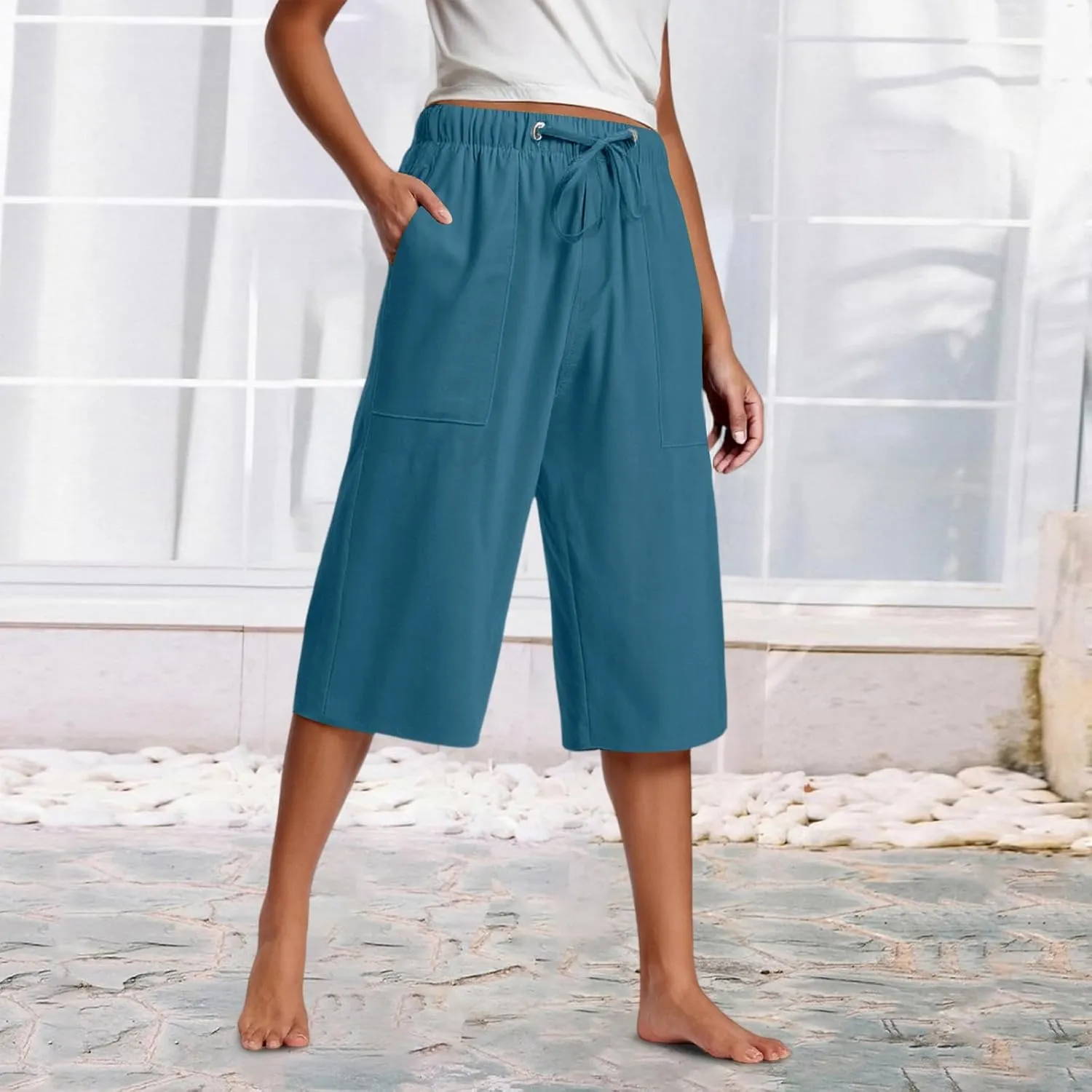 Capri Pants for Women High Waisted Drawstring Linen Pants Summer Capris Wide Leg Pant Casual Palazzo Pant