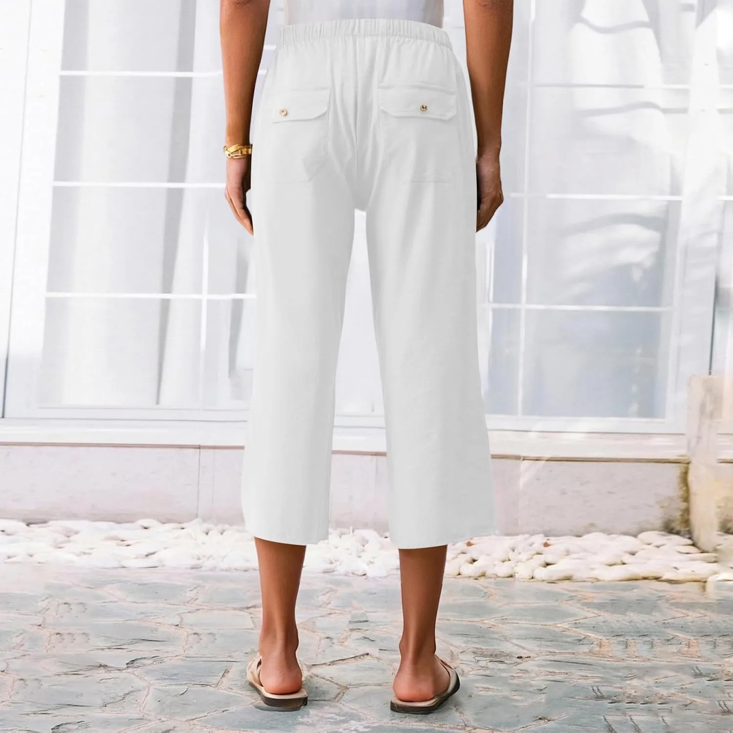 Capri Pants for Women High Waisted Drawstring Linen Pants Summer Capris Wide Leg Pant Casual Palazzo Pant