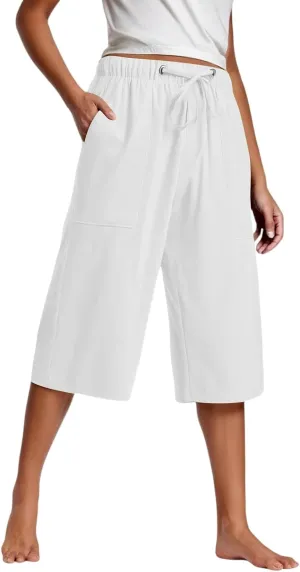 Capri Pants for Women High Waisted Drawstring Linen Pants Summer Capris Wide Leg Pant Casual Palazzo Pant