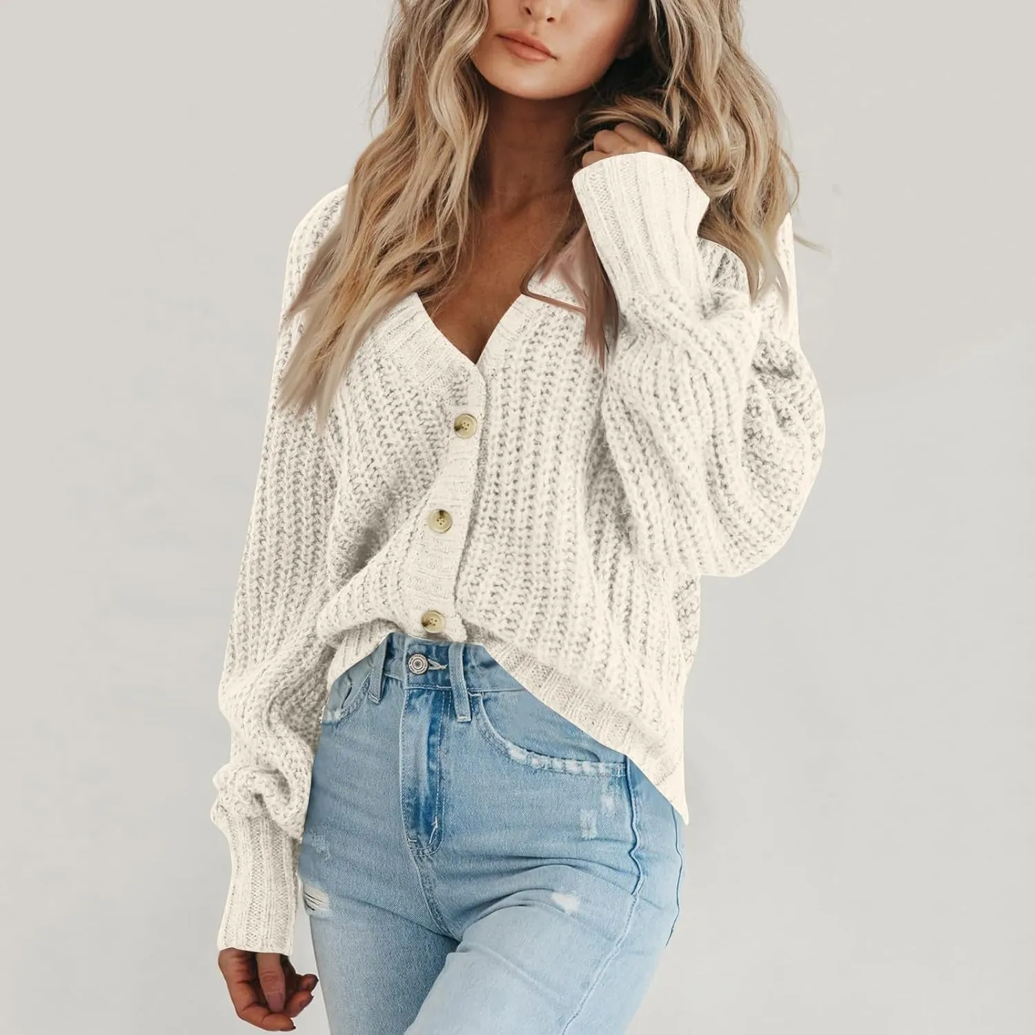 Cardigan Sweaters for Women Long Sleeve Button Down V-Neck Open Front Fall Sweaters Chunky Knit Outerwear Coats