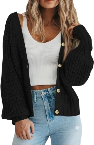 Cardigan Sweaters for Women Long Sleeve Button Down V-Neck Open Front Fall Sweaters Chunky Knit Outerwear Coats