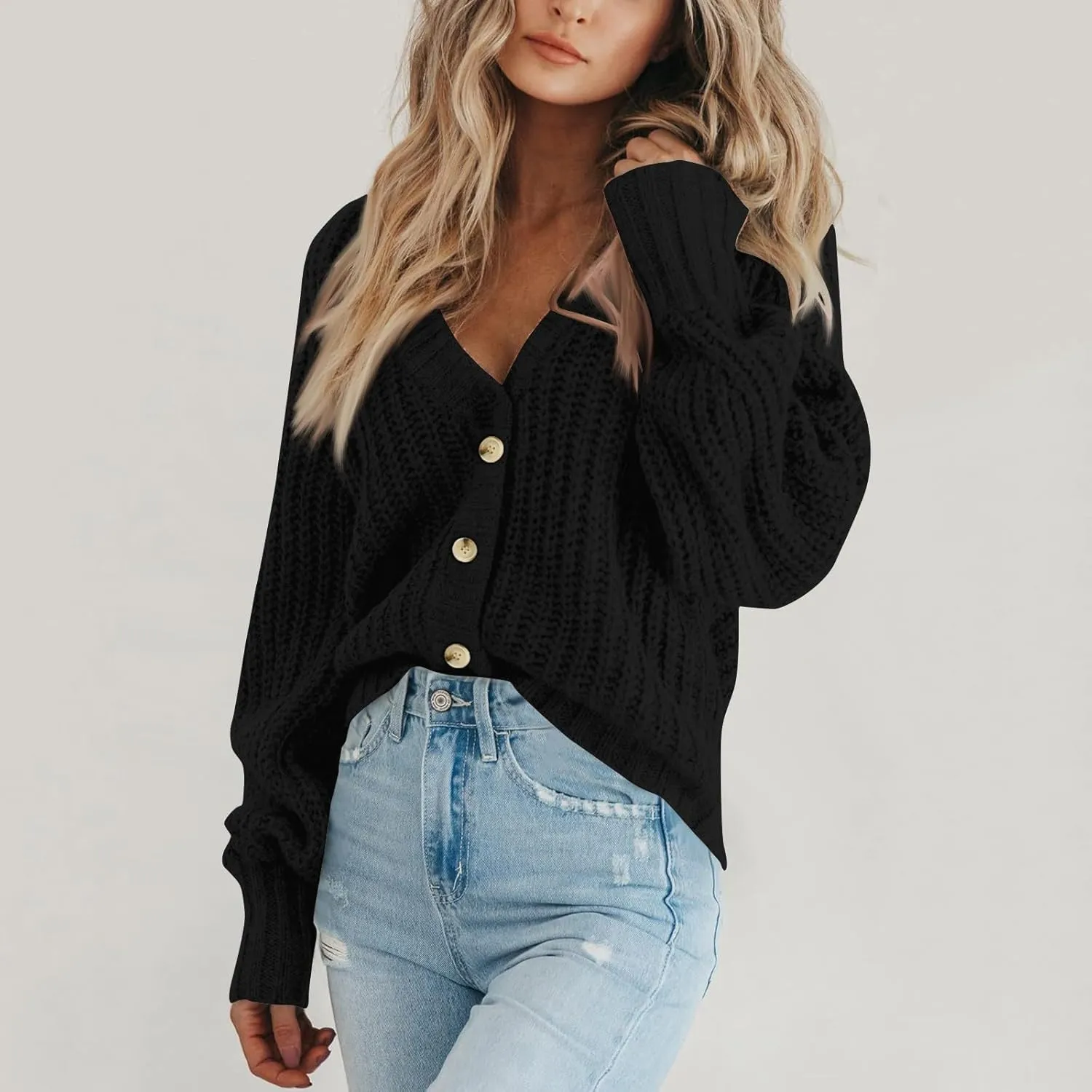 Cardigan Sweaters for Women Long Sleeve Button Down V-Neck Open Front Fall Sweaters Chunky Knit Outerwear Coats