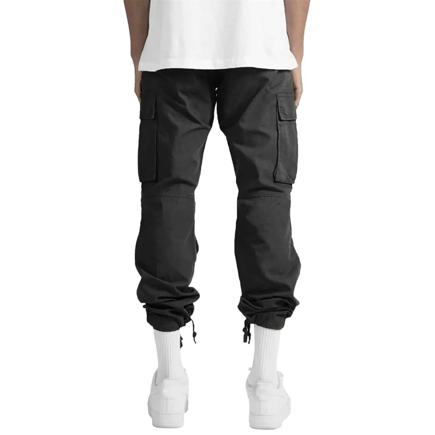 Cargo Pants for Men Casual Drawstring Athletic Jogger Sport Loose Fit Hiking Trousers Outdoor Wearing Pants with Pockets (Large,Black)
