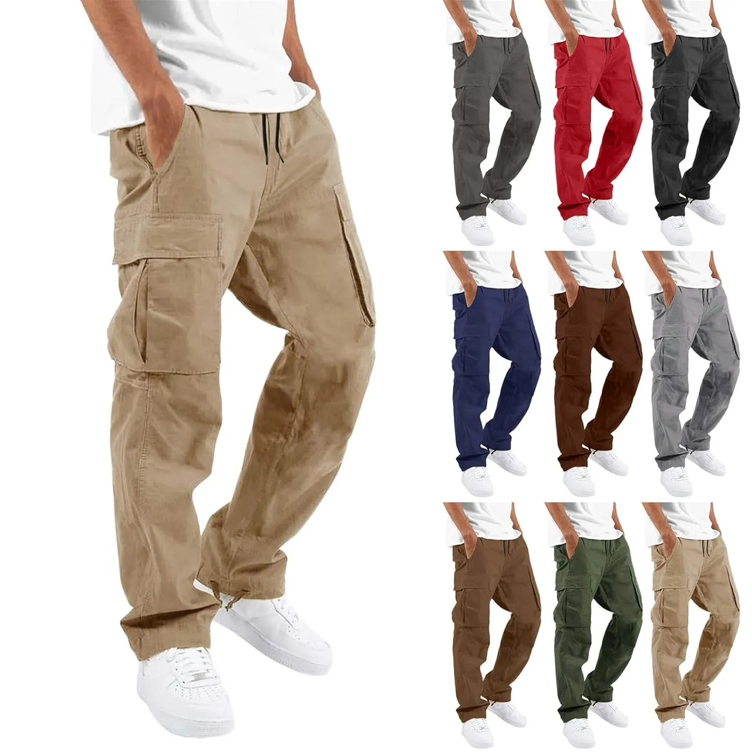 Cargo Pants for Men Casual Drawstring Athletic Jogger Sport Loose Fit Hiking Trousers Outdoor Wearing Pants with Pockets (Large,Black)