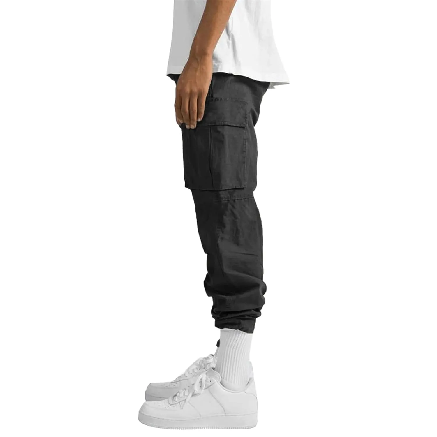 Cargo Pants for Men Casual Drawstring Athletic Jogger Sport Loose Fit Hiking Trousers Outdoor Wearing Pants with Pockets (Large,Black)