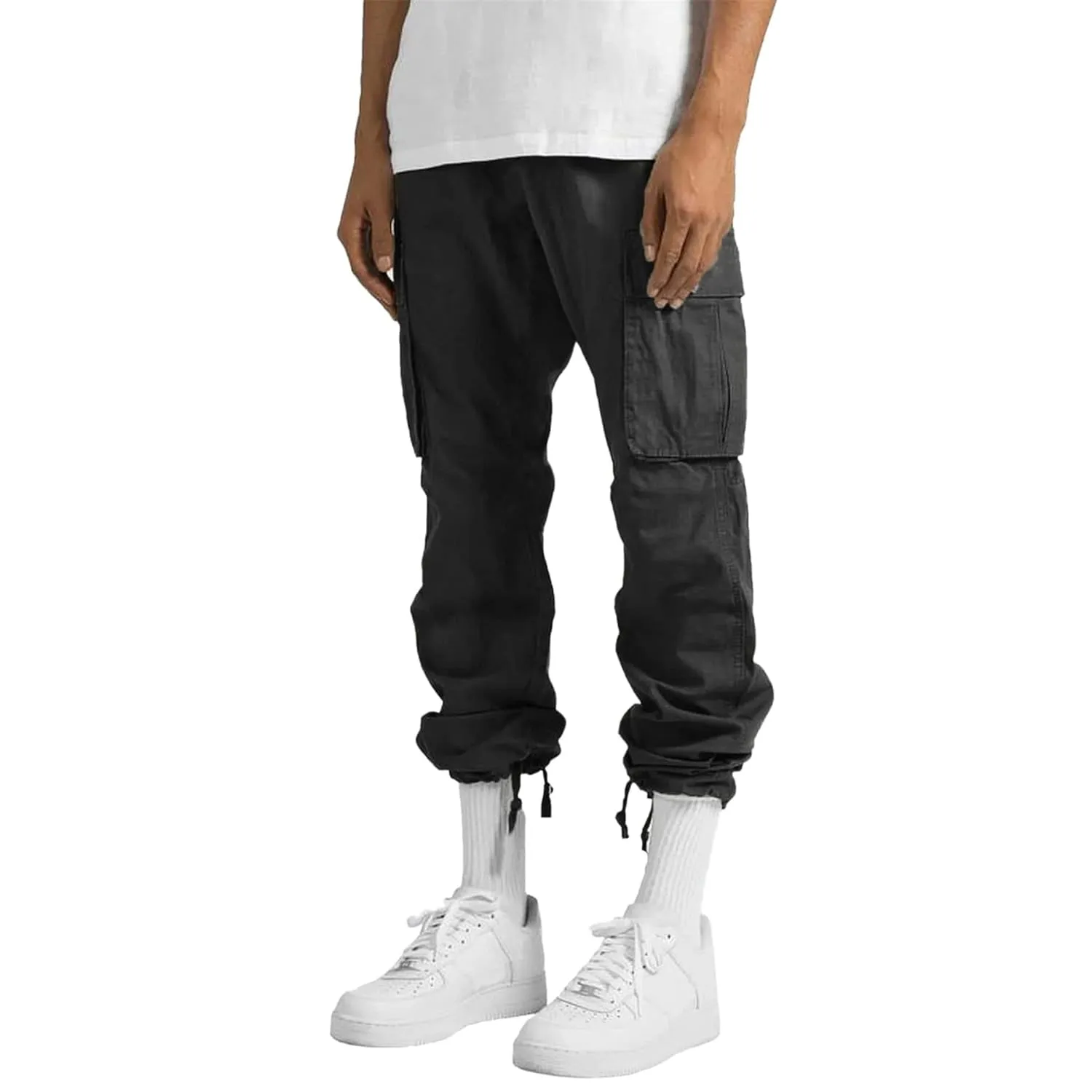 Cargo Pants for Men Casual Drawstring Athletic Jogger Sport Loose Fit Hiking Trousers Outdoor Wearing Pants with Pockets (Large,Black)