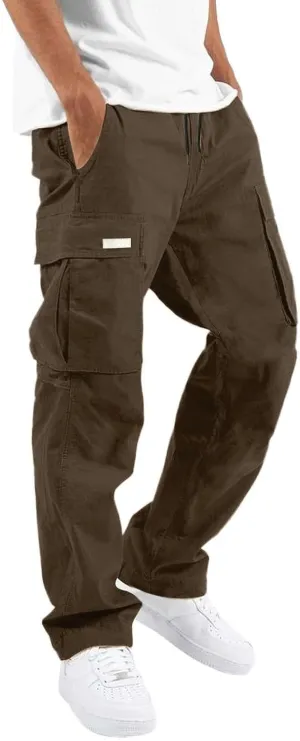 Cargo Pants for Men Summer Casual Straight Leg Outdoor Work Trousers Lightweight Drawstring Elastic Waist Trendy Pants