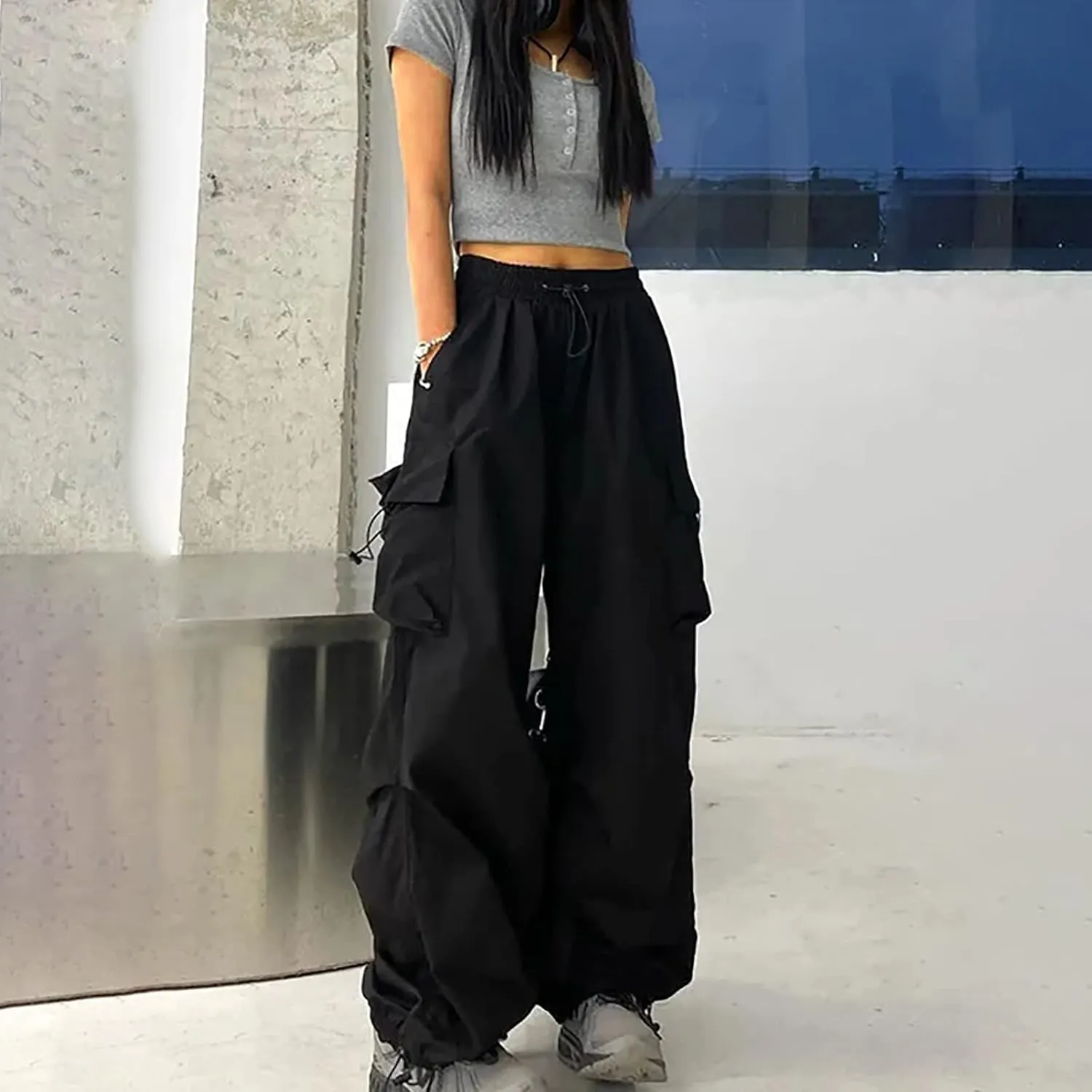 Cargo Pants Women Trendy Y2K Teen Girls High Waisted Parachute Baggy Drawstring Streetwear Workout Jogger Sweatpants