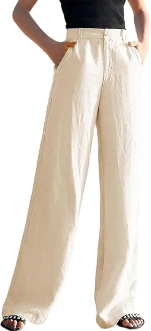 Casual Linen High Waist Pants with Elastic Waistband and Straight-Leg Design Summer Trousers with Side Pockets