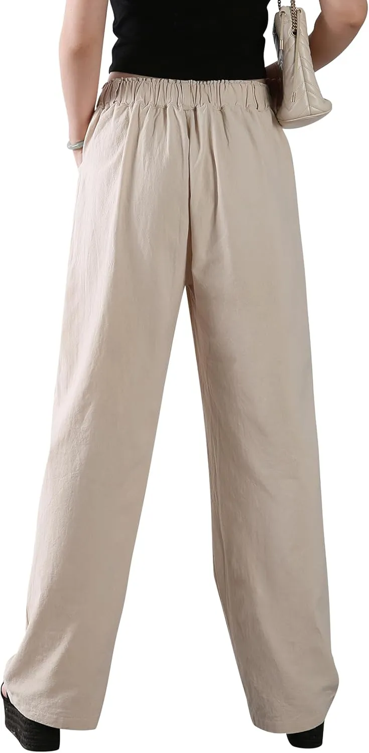 Casual Linen High Waist Pants with Elastic Waistband and Straight-Leg Design Summer Trousers with Side Pockets