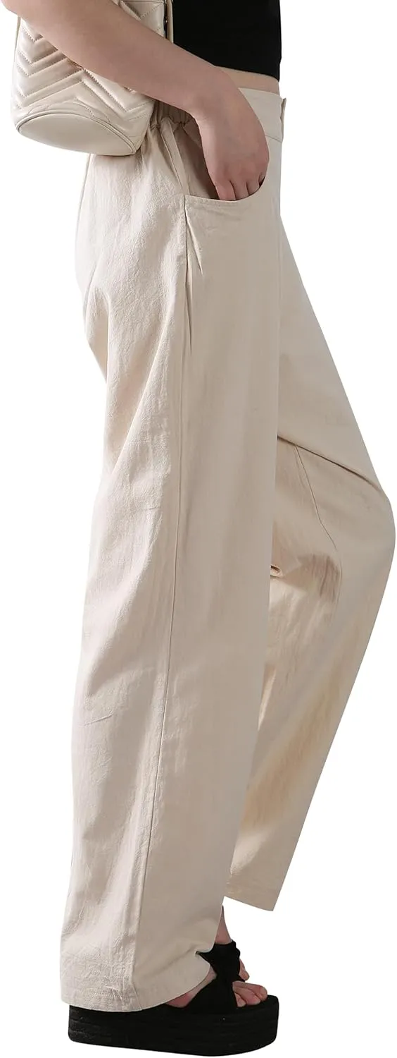 Casual Linen High Waist Pants with Elastic Waistband and Straight-Leg Design Summer Trousers with Side Pockets