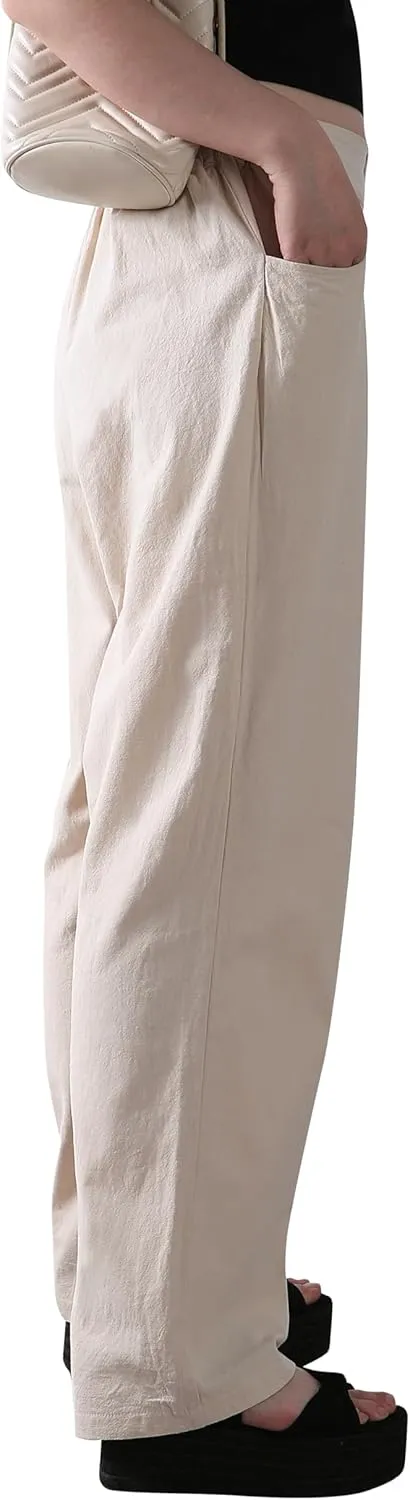 Casual Linen High Waist Pants with Elastic Waistband and Straight-Leg Design Summer Trousers with Side Pockets