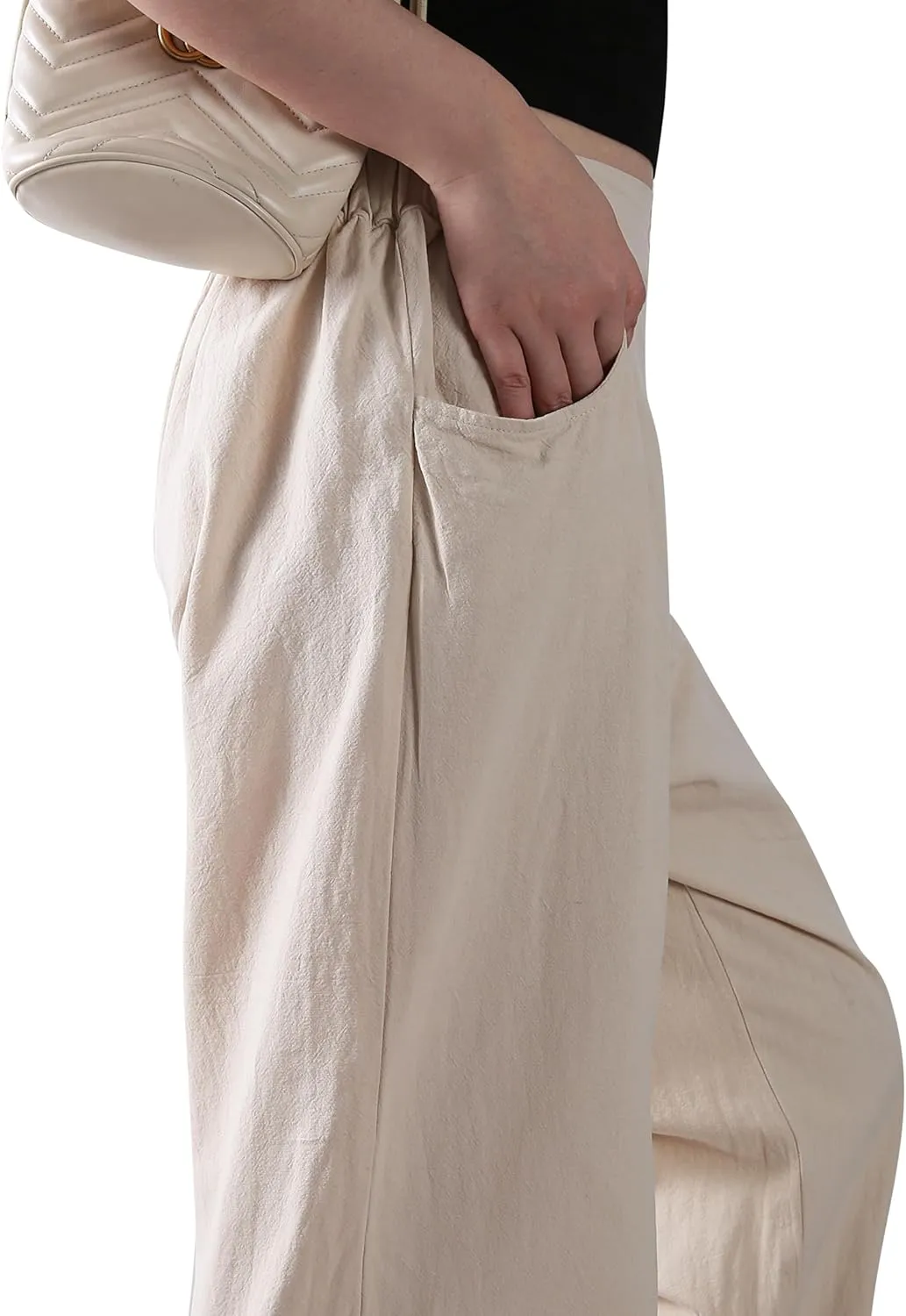 Casual Linen High Waist Pants with Elastic Waistband and Straight-Leg Design Summer Trousers with Side Pockets