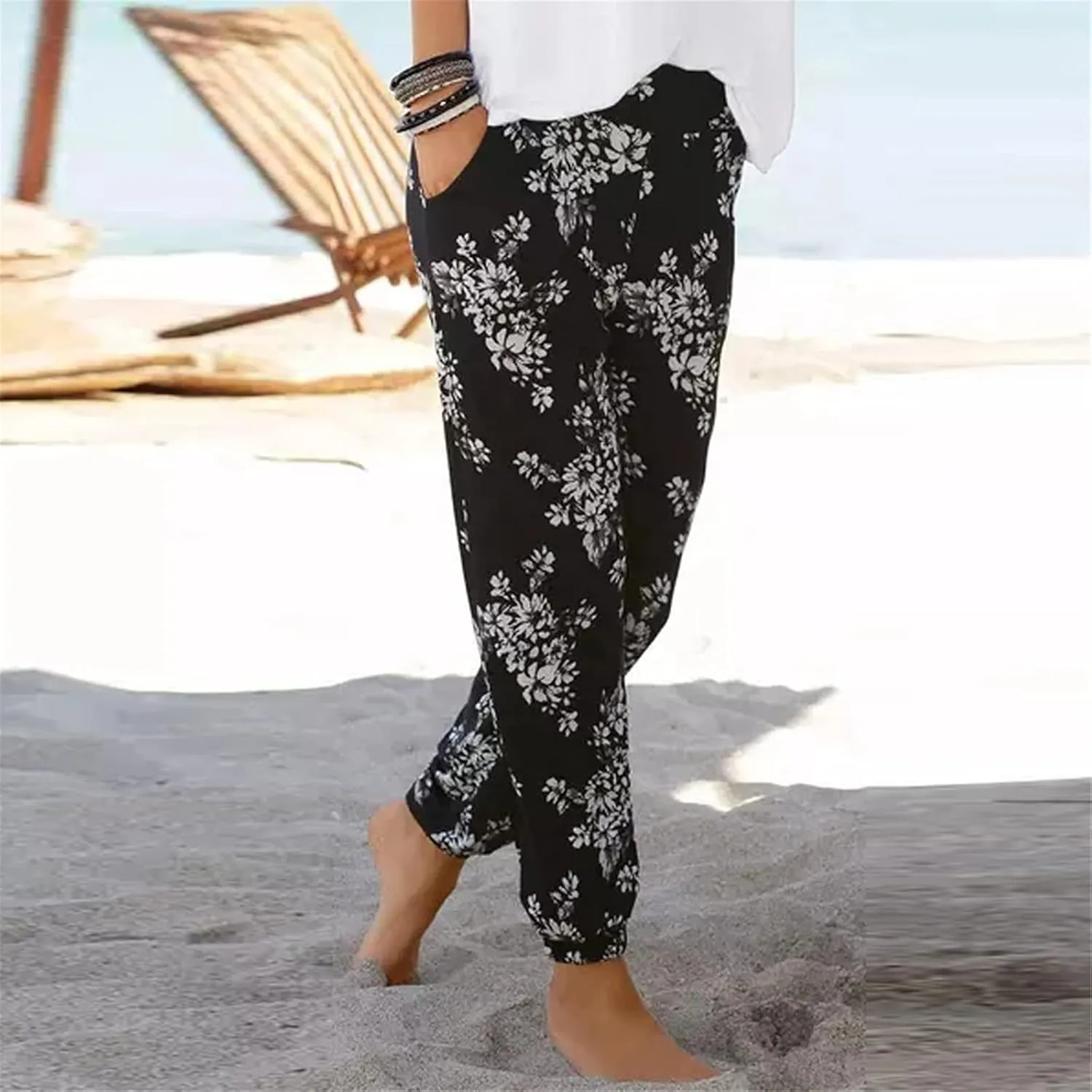 Casual Women's High Waist Printed Pants Loose Easy Trousers Boho Summer Beach Pants with Pockets