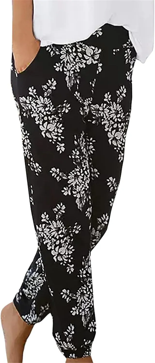 Casual Women's High Waist Printed Pants Loose Easy Trousers Boho Summer Beach Pants with Pockets
