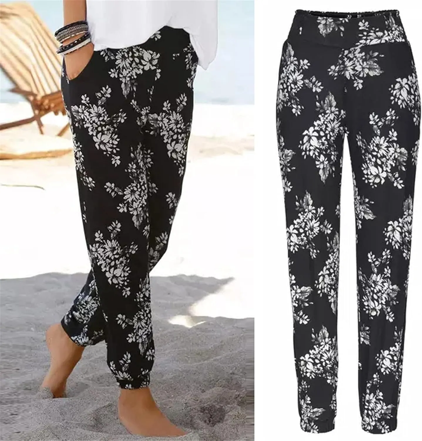Casual Women's High Waist Printed Pants Loose Easy Trousers Boho Summer Beach Pants with Pockets