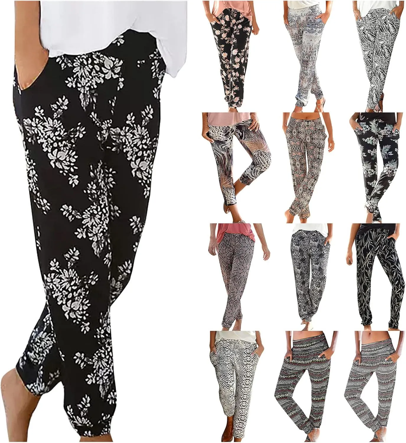 Casual Women's High Waist Printed Pants Loose Easy Trousers Boho Summer Beach Pants with Pockets