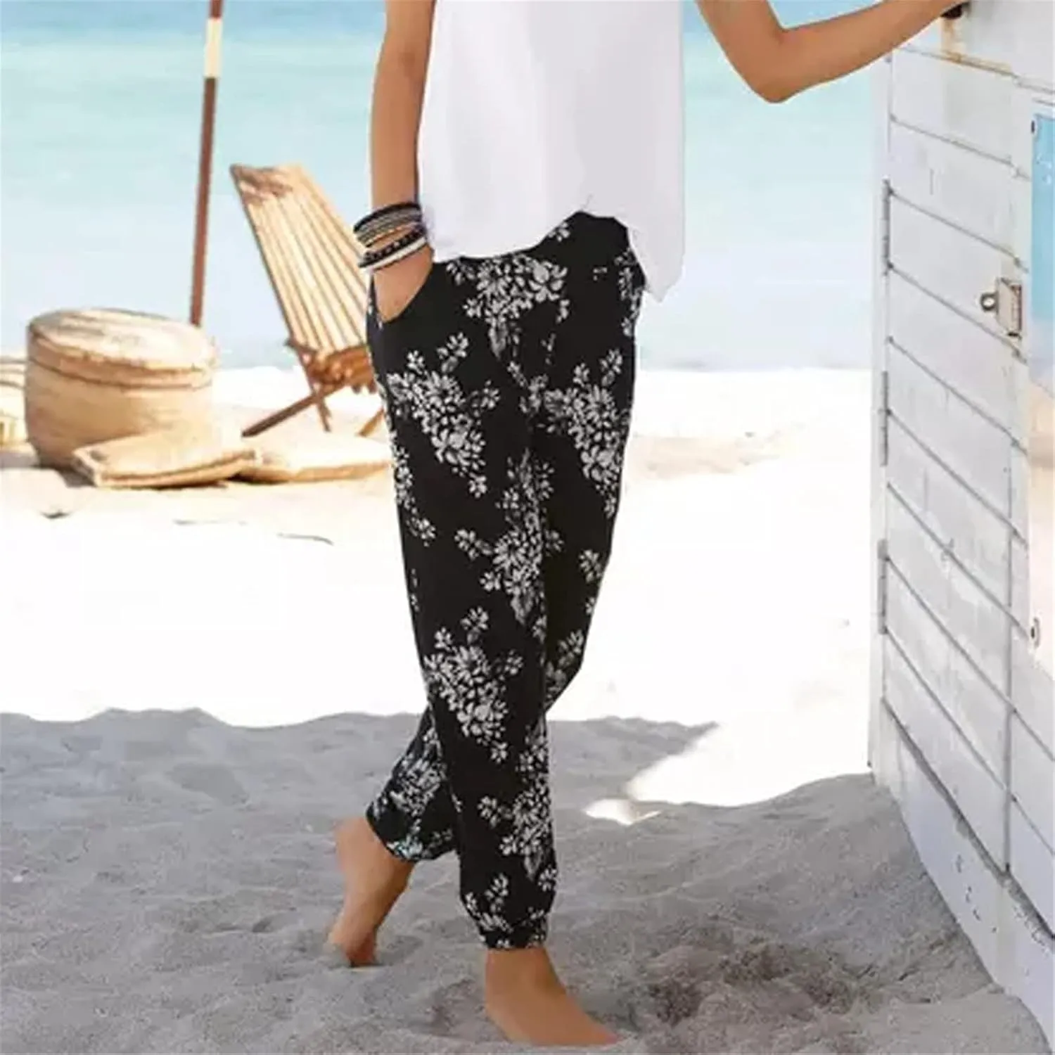 Casual Women's High Waist Printed Pants Loose Easy Trousers Boho Summer Beach Pants with Pockets