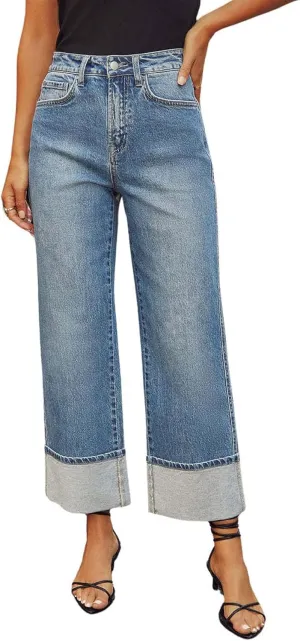 CHARTOU Wide Leg Cropped Jeans for Women High Waist Boyfriends Rolled Up Cuffed Denim Pants