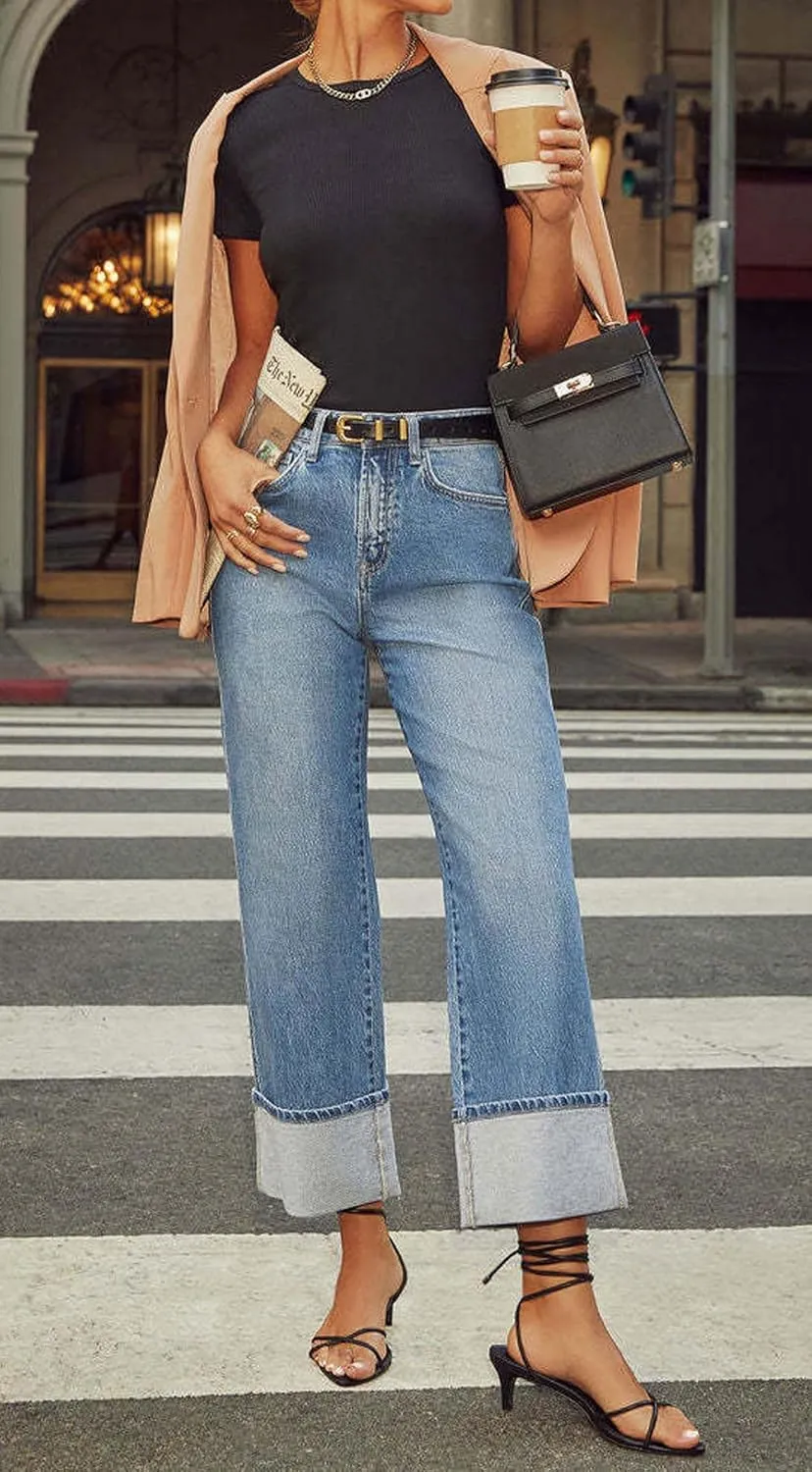 CHARTOU Wide Leg Cropped Jeans for Women High Waist Boyfriends Rolled Up Cuffed Denim Pants