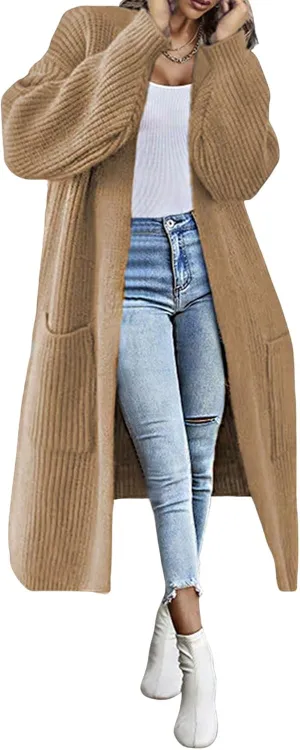 CHARTOU Women Chunky Knitted Cardigan Sweater Long Open Front Knit Cardigan Coat Ribbed Knitwear