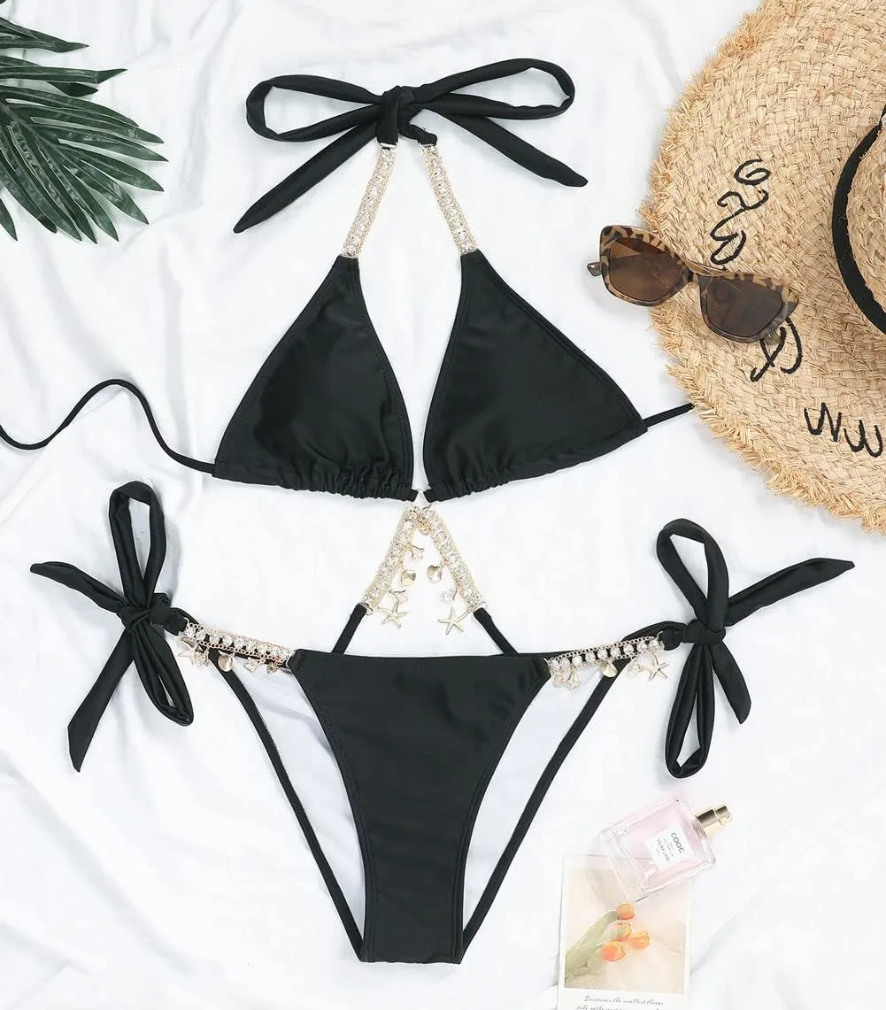 CHARTOU Women's Trendy 2 Piece Triangle Bikini Set Rhinestone Halter Bathing Suit Swimsuit