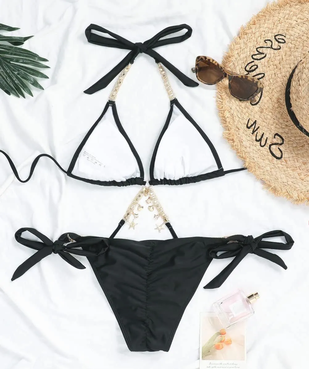 CHARTOU Women's Trendy 2 Piece Triangle Bikini Set Rhinestone Halter Bathing Suit Swimsuit
