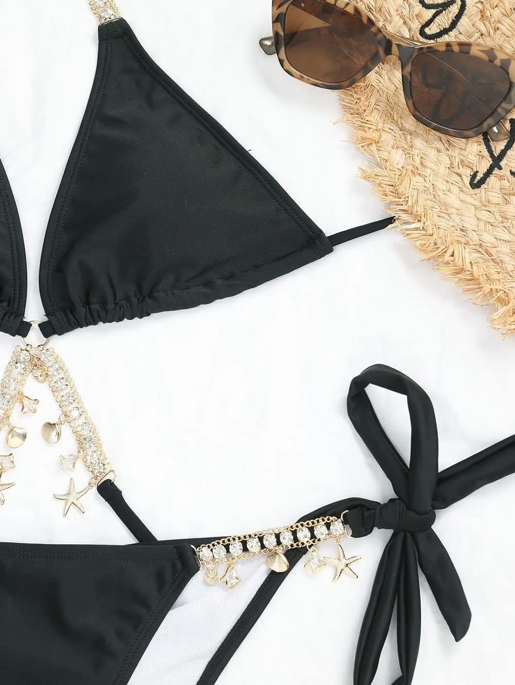 CHARTOU Women's Trendy 2 Piece Triangle Bikini Set Rhinestone Halter Bathing Suit Swimsuit