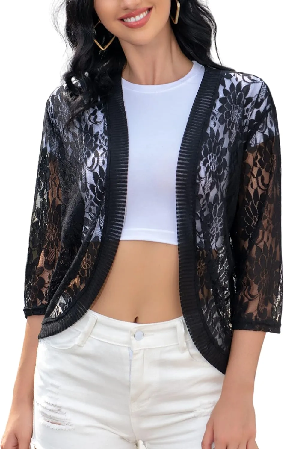 Chevara Womens Casual Summer Lace Cardigan 3/4 Sleeve Floral Crochet Cardigans Shrug Sweaters