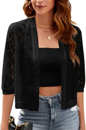 Chevara Womens Casual Summer Lace Cardigan 3/4 Sleeve Floral Crochet Cardigans Shrug Sweaters