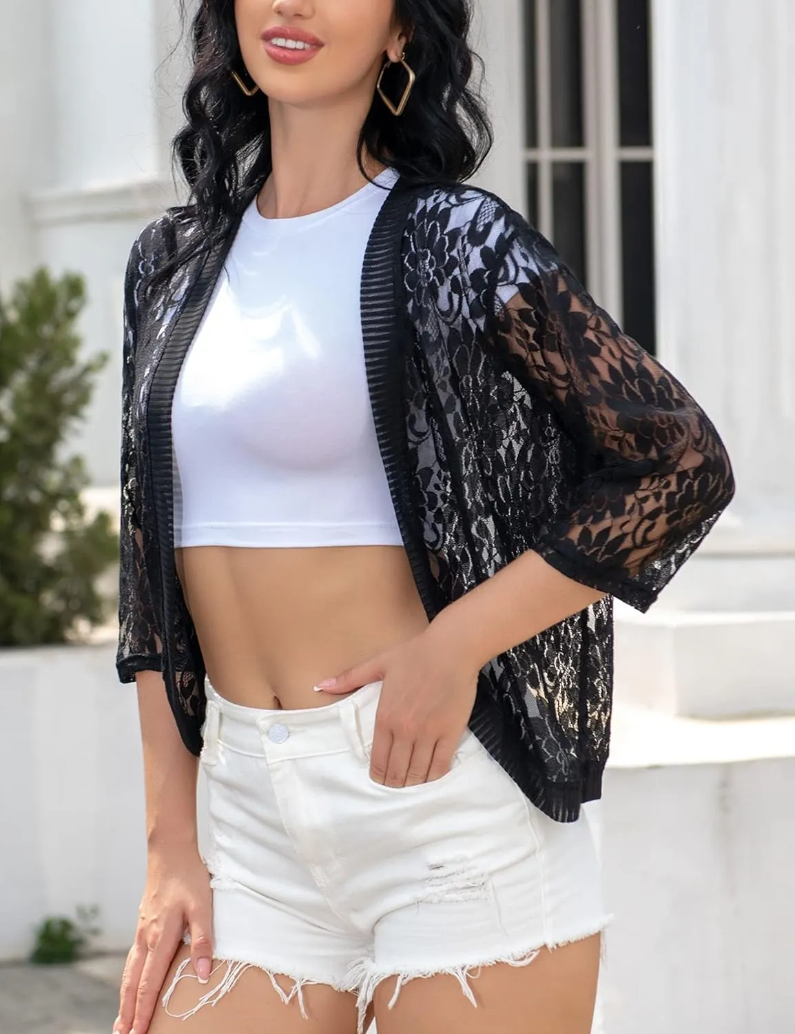 Chevara Womens Casual Summer Lace Cardigan 3/4 Sleeve Floral Crochet Cardigans Shrug Sweaters