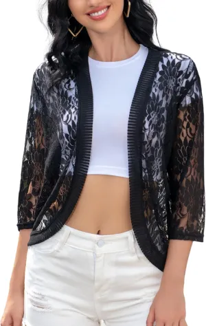 Chevara Womens Casual Summer Lace Cardigan 3/4 Sleeve Floral Crochet Cardigans Shrug Sweaters