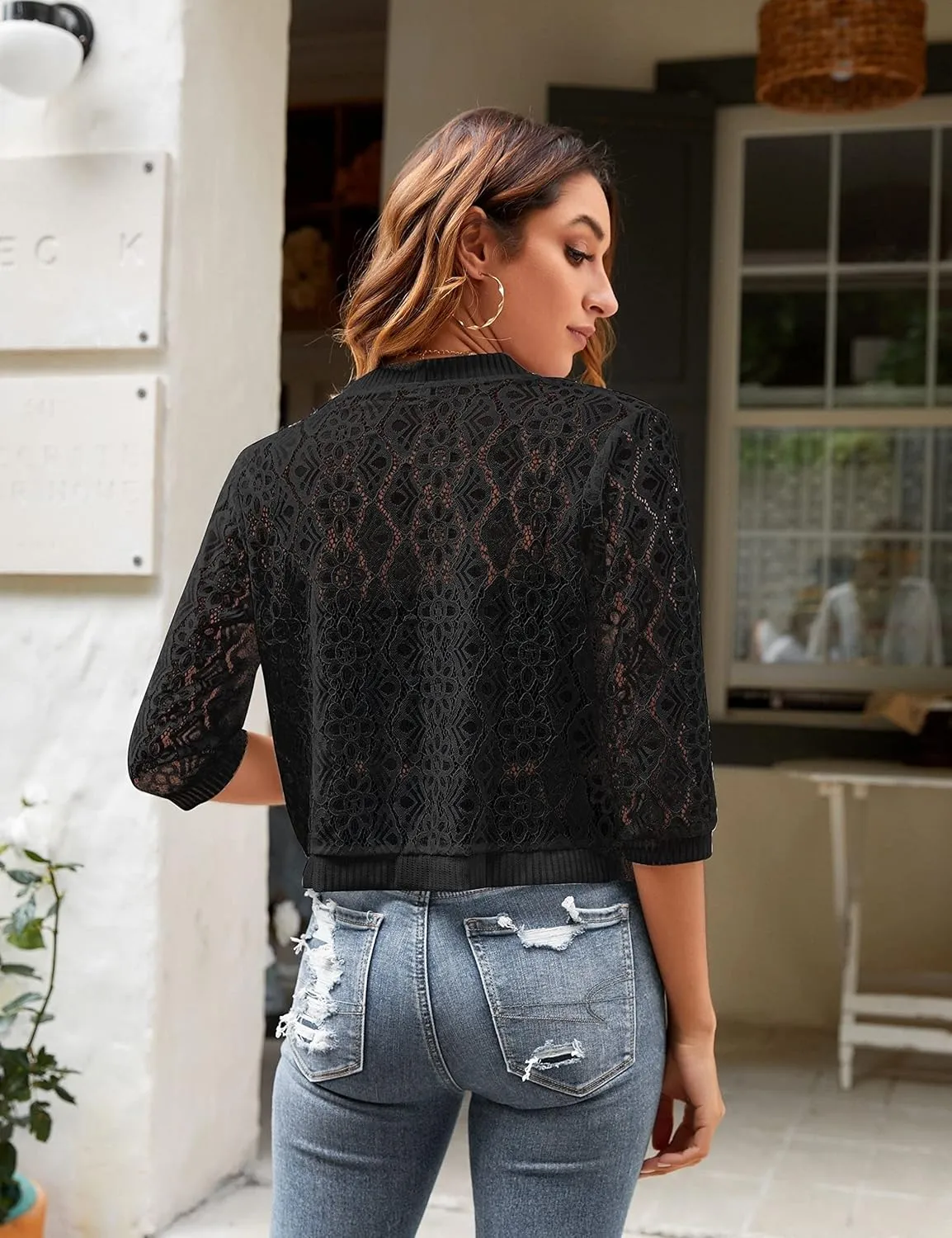 Chevara Womens Casual Summer Lace Cardigan 3/4 Sleeve Floral Crochet Cardigans Shrug Sweaters