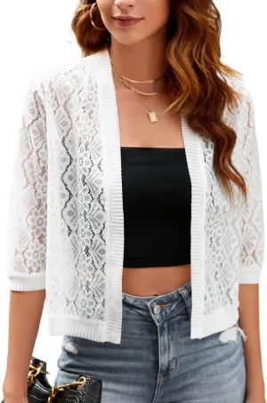 Chevara Womens Casual Summer Lace Cardigan 3/4 Sleeve Floral Crochet Cardigans Shrug Sweaters