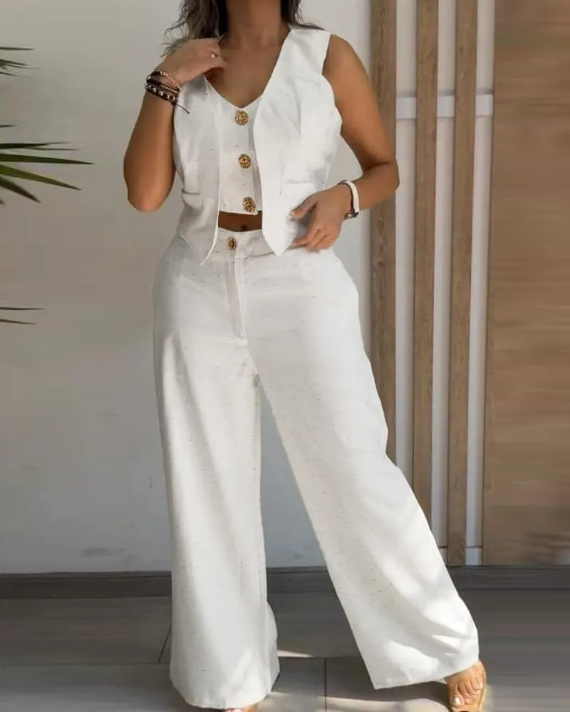 CHICME Women's 2 Piece Summer Outfits V Neck Metal Button Front Crop Tank Vest Wide Leg Pants Matching linen Sets