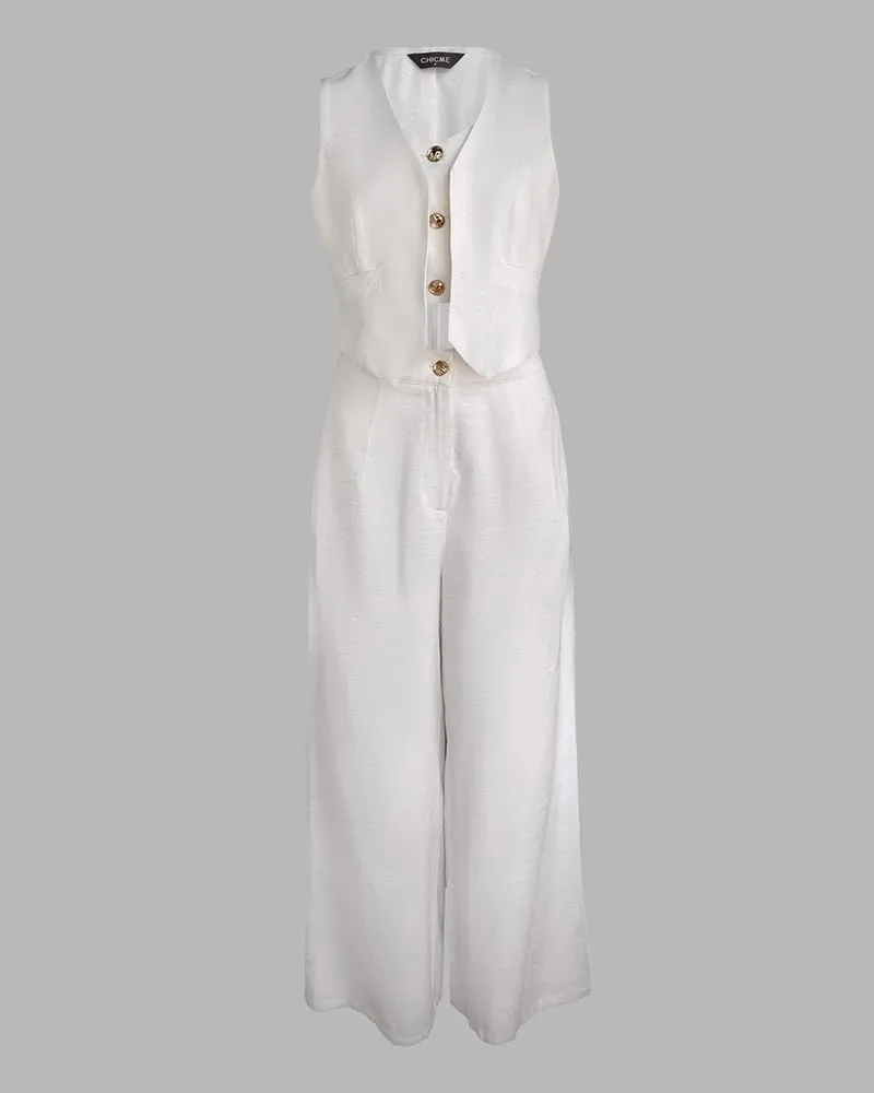 CHICME Women's 2 Piece Summer Outfits V Neck Metal Button Front Crop Tank Vest Wide Leg Pants Matching linen Sets